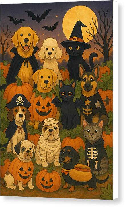 Halloween Pets Gathering - Canvas Print
