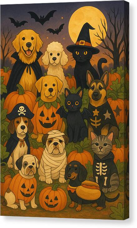 Halloween Pets Gathering - Canvas Print