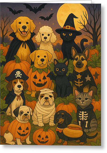 Halloween Pets Gathering - Greeting Card