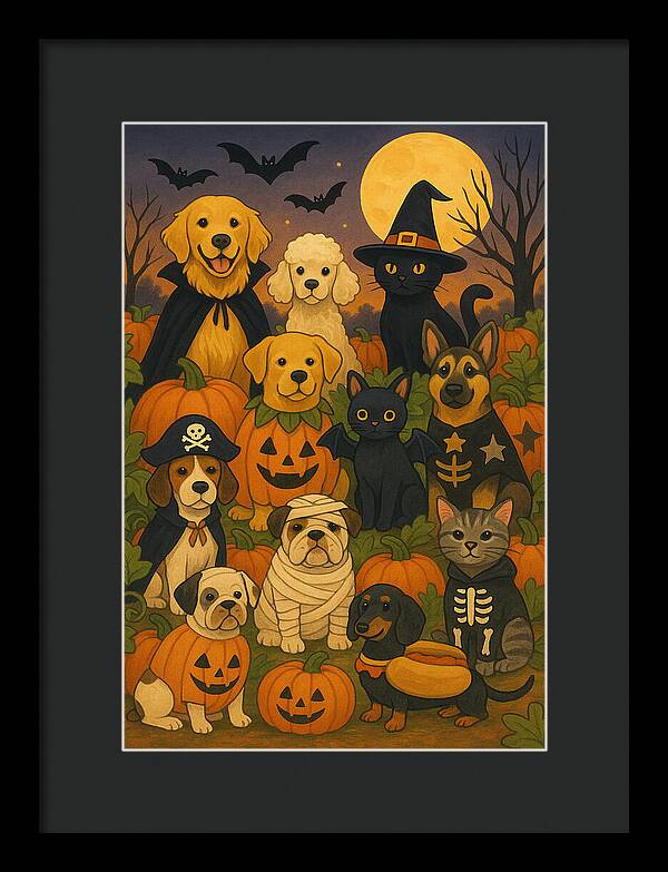 Halloween Pets Gathering - Framed Print