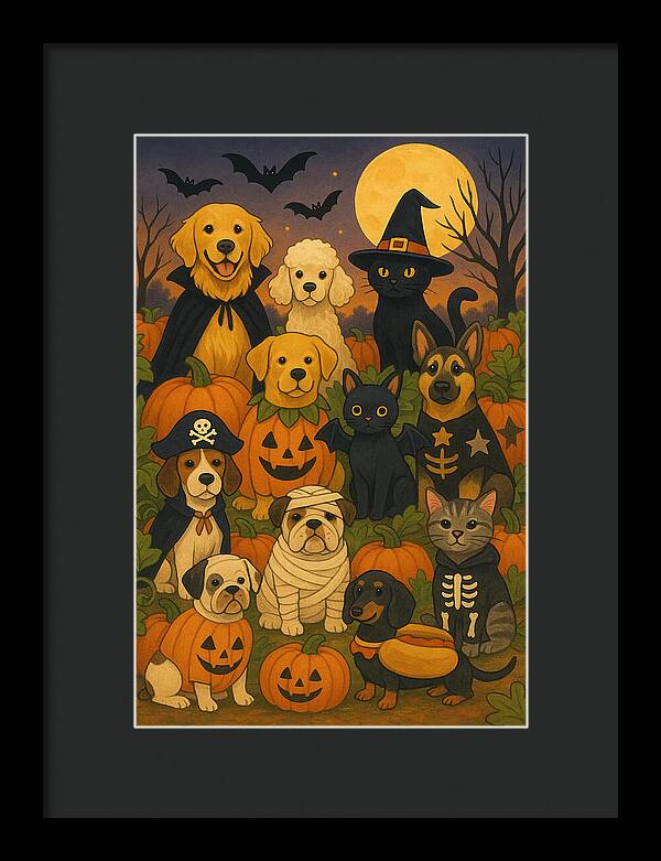 Halloween Pets Gathering - Framed Print