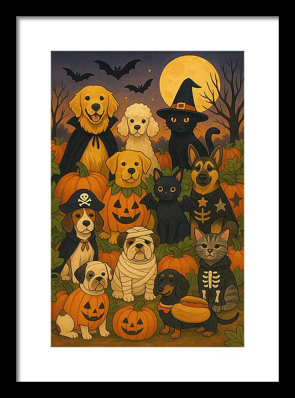 Halloween Pets Gathering - Framed Print