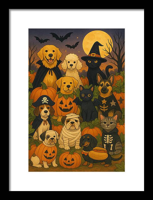 Halloween Pets Gathering - Framed Print