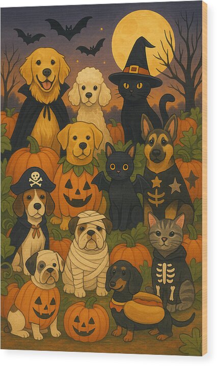 Halloween Pets Gathering - Wood Print