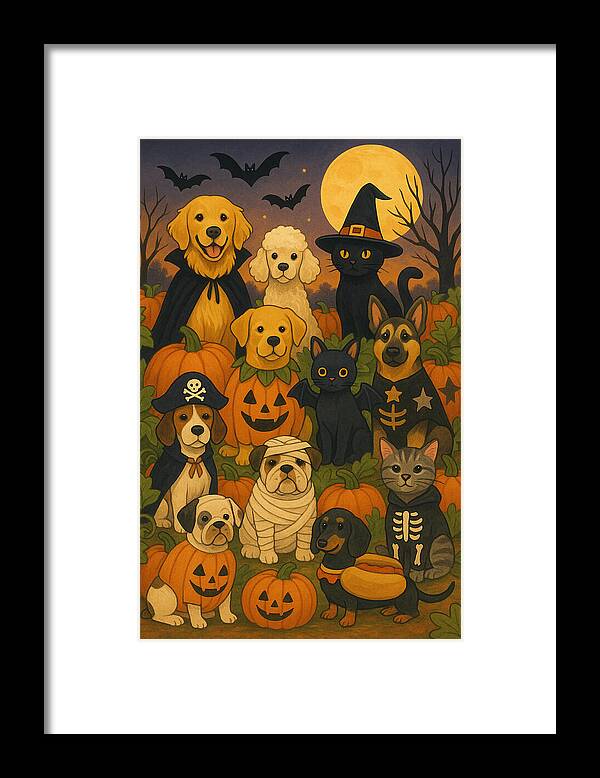 Halloween Pets Gathering - Framed Print