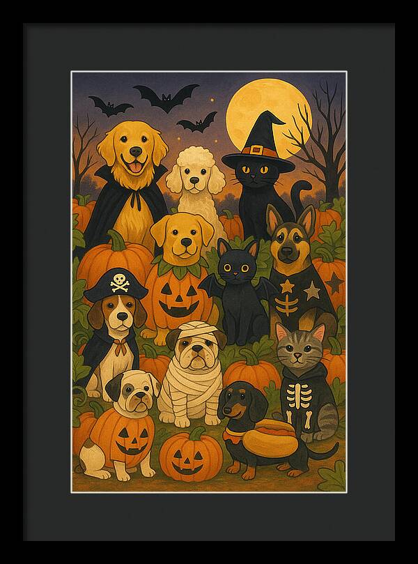 Halloween Pets Gathering - Framed Print