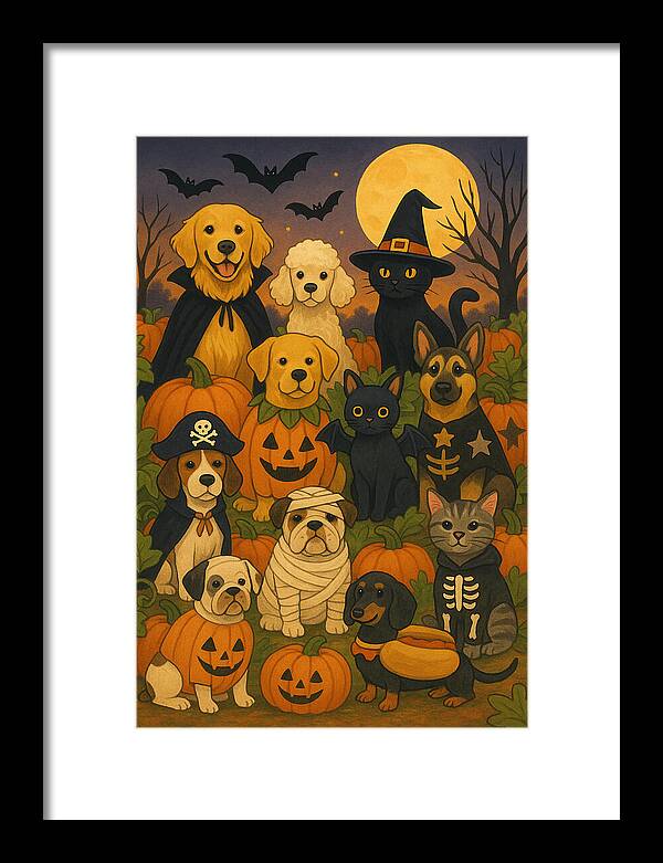 Halloween Pets Gathering - Framed Print