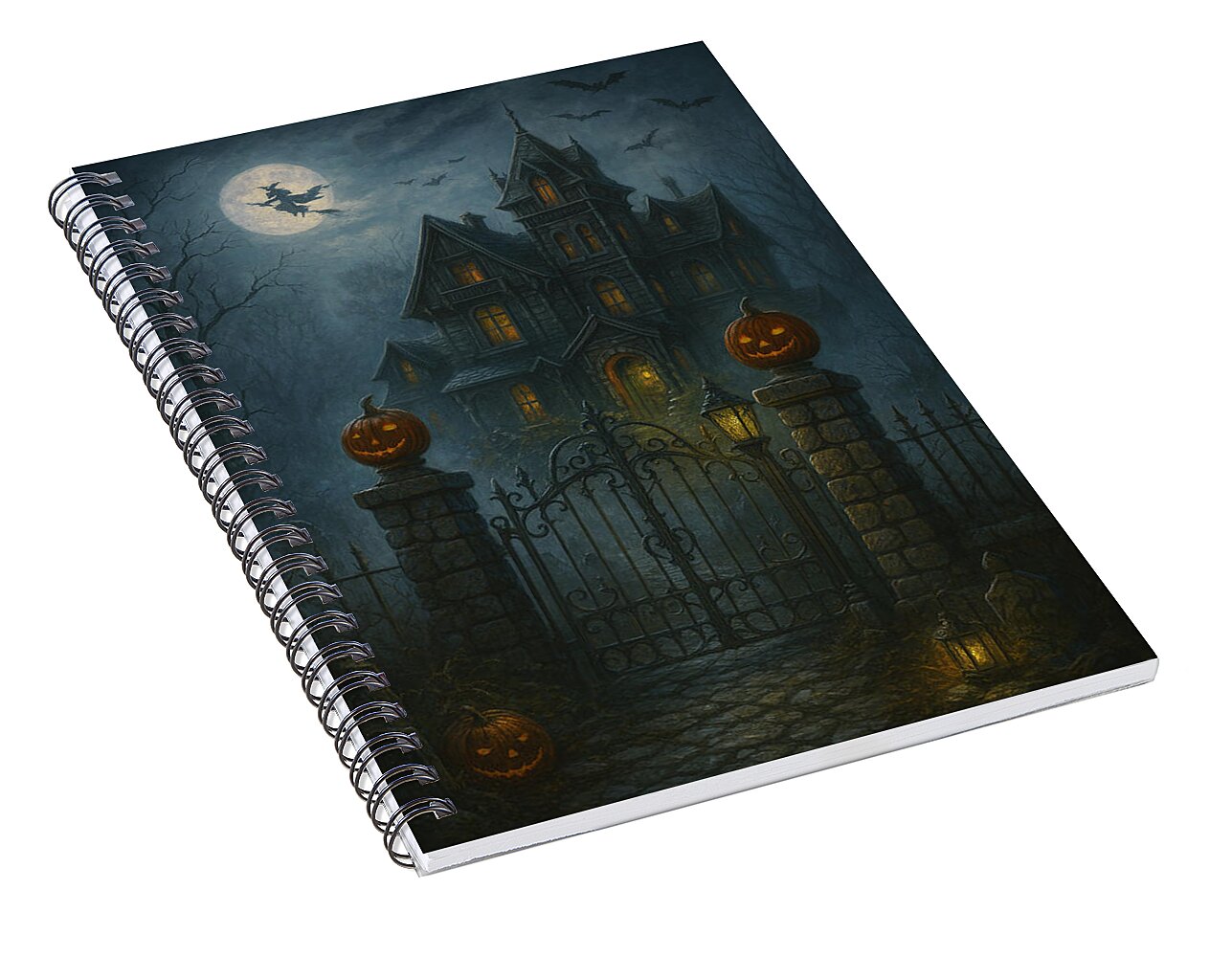 Haunted House Under Full Moon - Spiral Notebook