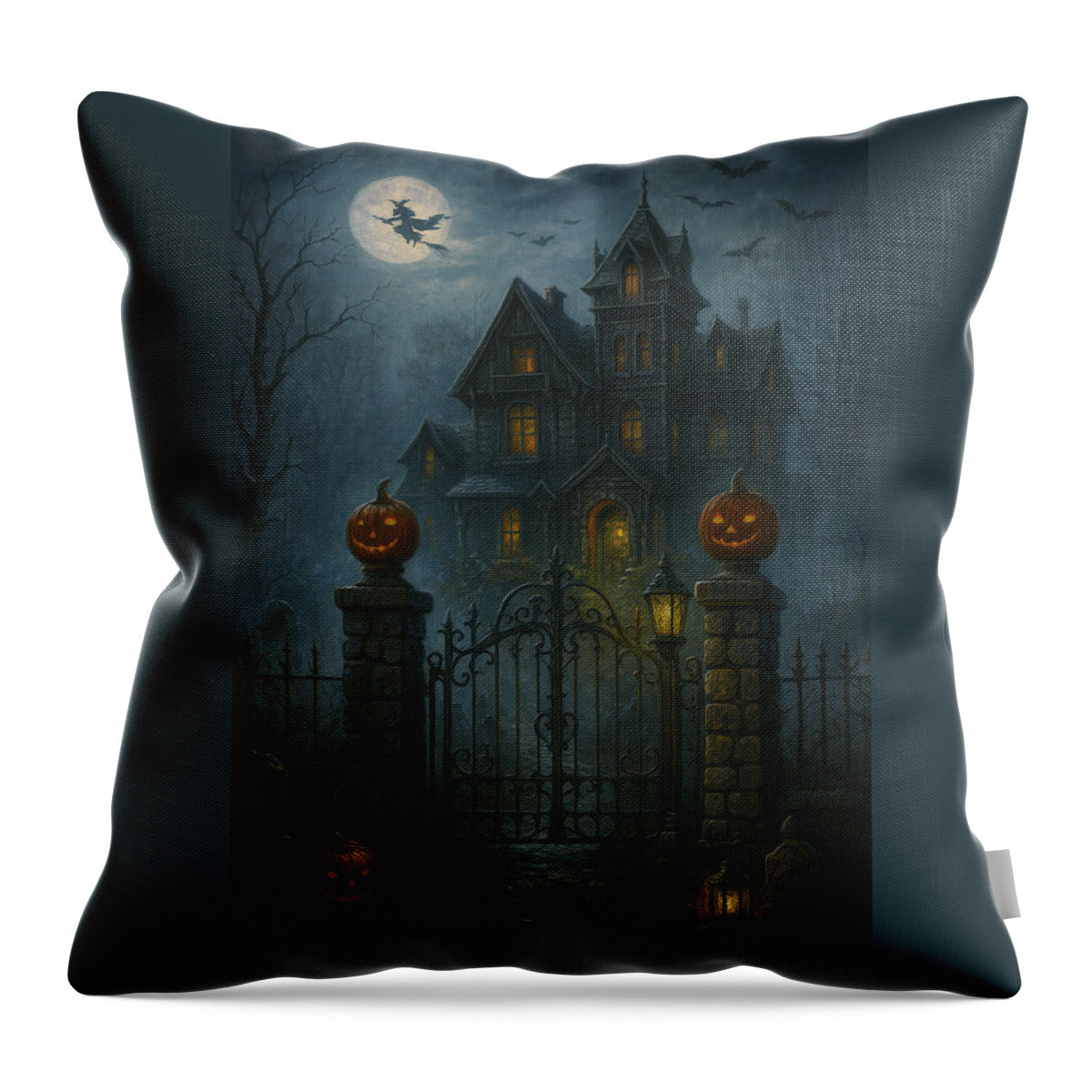 Haunted House Under Full Moon - Throw Pillow