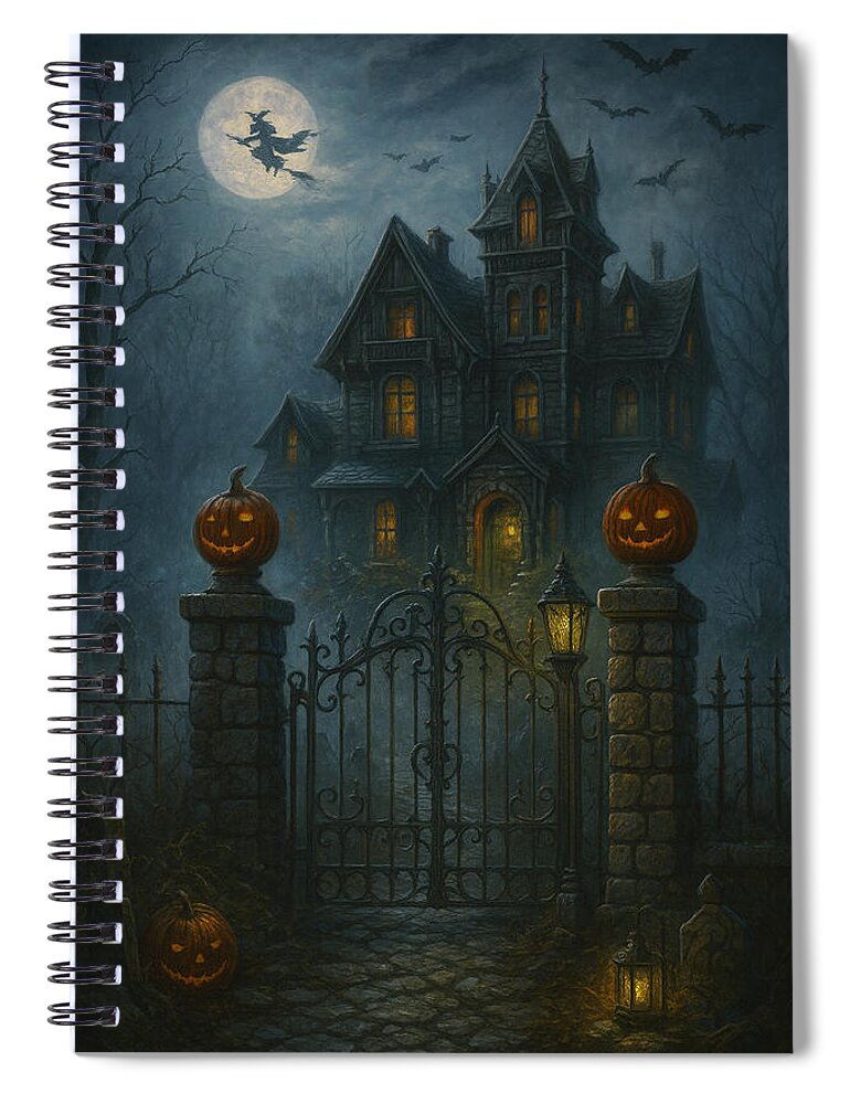 Haunted House Under Full Moon - Spiral Notebook