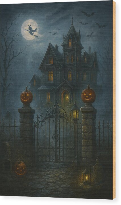 Haunted House Under Full Moon - Wood Print